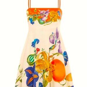 FRUIT AND FLOWER PEACHES AND MELON RETRO STYLE SUNDRESS . ORANGE, PURPLE, WHITE
